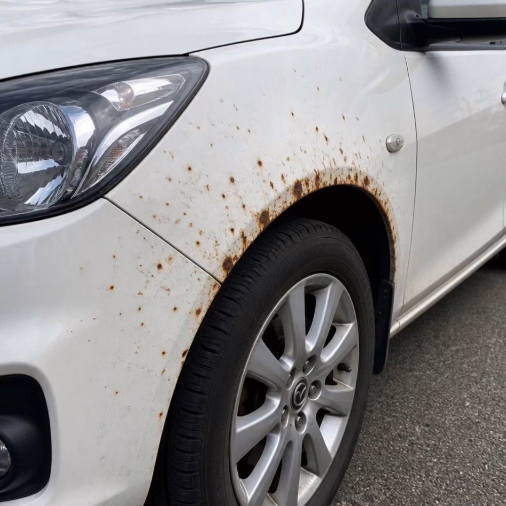 Aleta de coche picada de óxido alrededor del paso de rueda